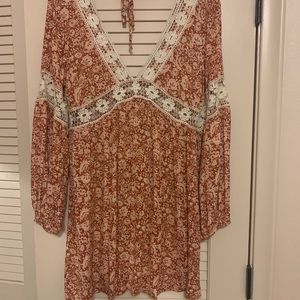Trixxi Boho Rust/Creamy Peach Floral Mini Dress or Beach coverup Size S …